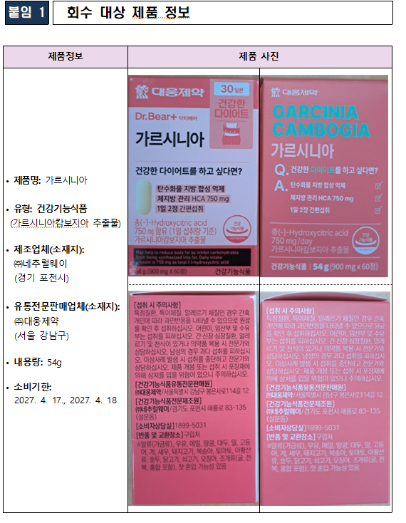다이소서 팔던 대웅제약 ‘가르시니아’ 제품 회수 조치